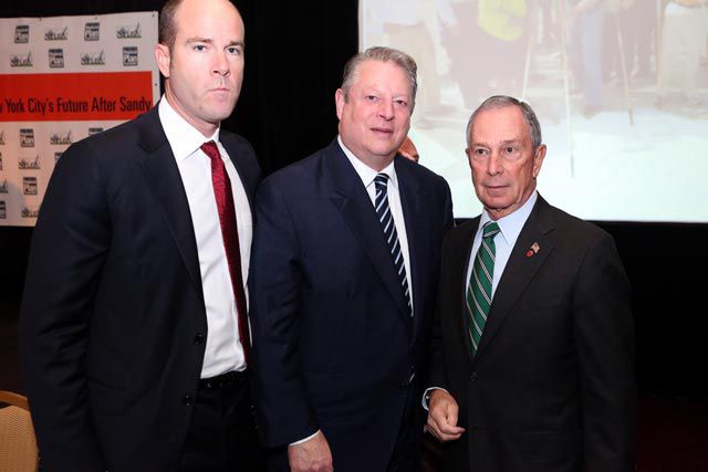 Former Vice President Al Gore is flanked by the executive director of the Sierra Club, Michael Brune, and Mayor Mike Bloomberg, in a photo shoot for Embalming Enthusiasts Quarterly